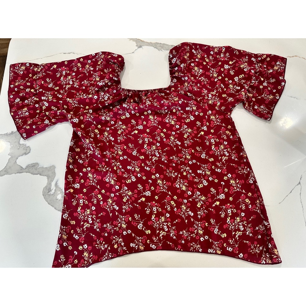 Cozy Rozy California Burgundy Floral‎ Flutter Sleeve Blouse Small NEW